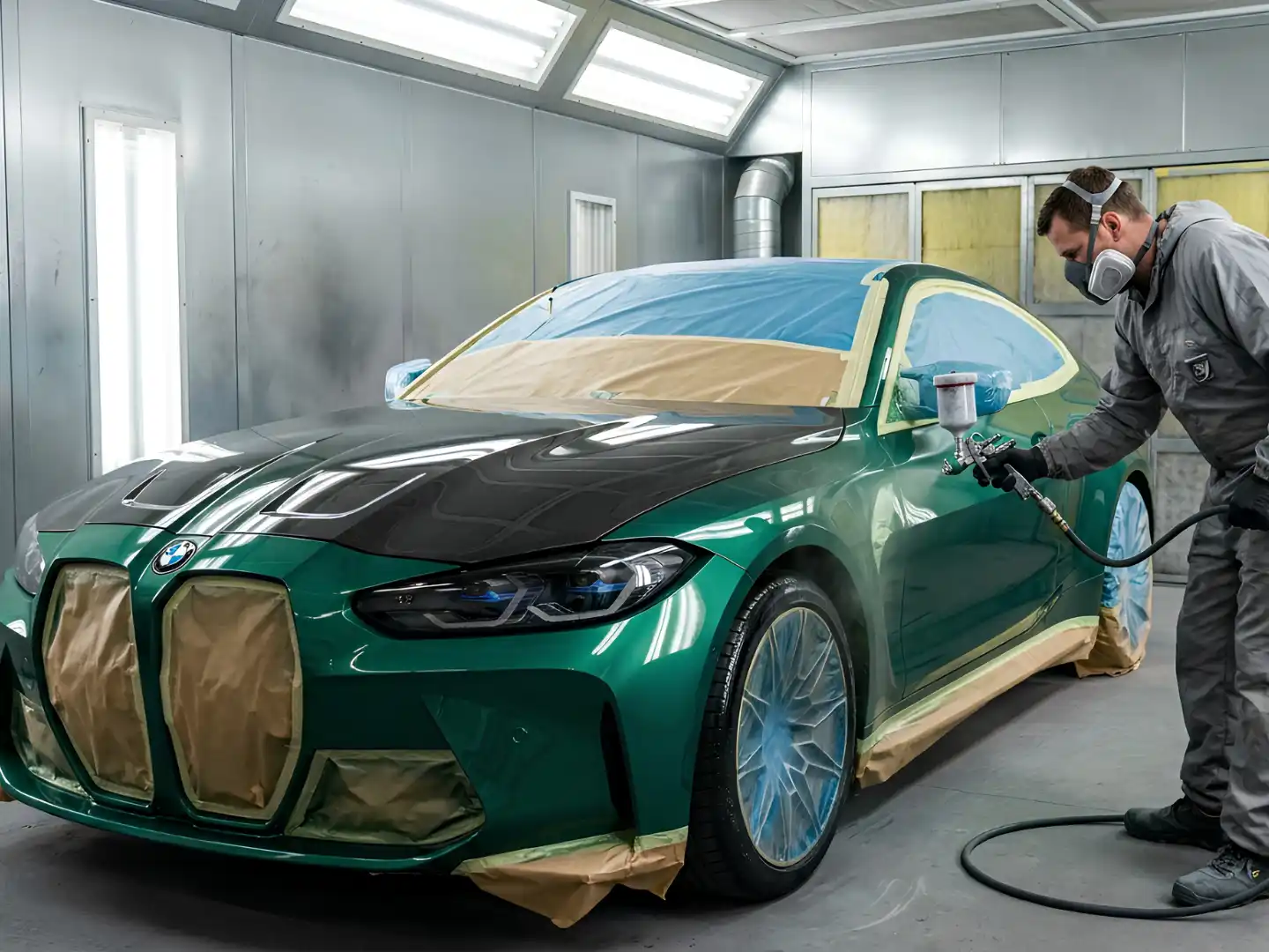 BMW masked for a respray inside a downdraft paint booth
