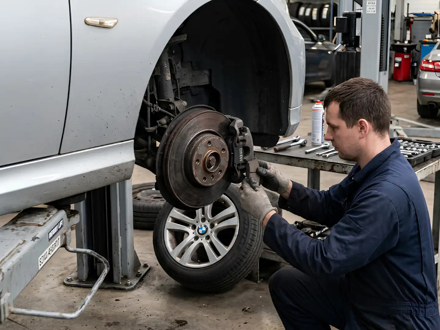 Technician replacing brakes on a BMW wheel hub during brake repair