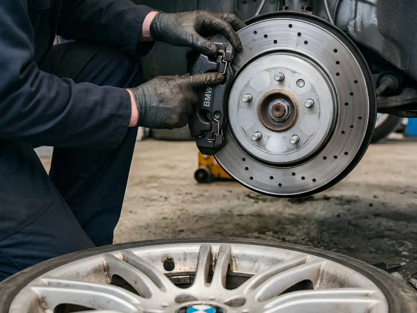 Mechanic fitting a new drilled brake disc to a BMW
