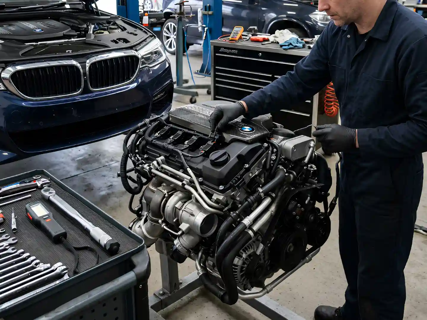 BMW engine removed and mounted on a stand for a rebuild at an Abu Dhabi workshop