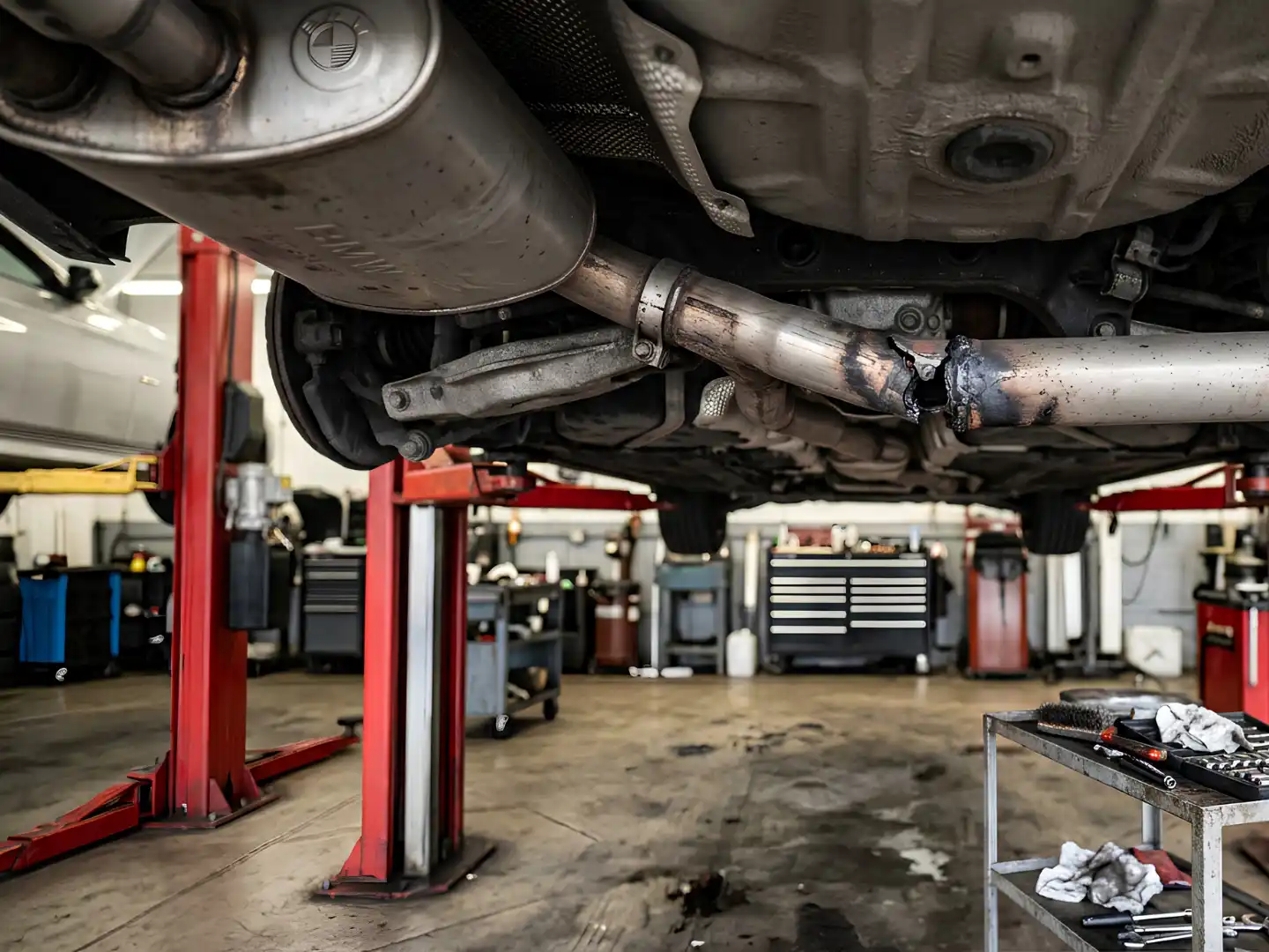 BMW exhaust system seen from below on a workshop lift