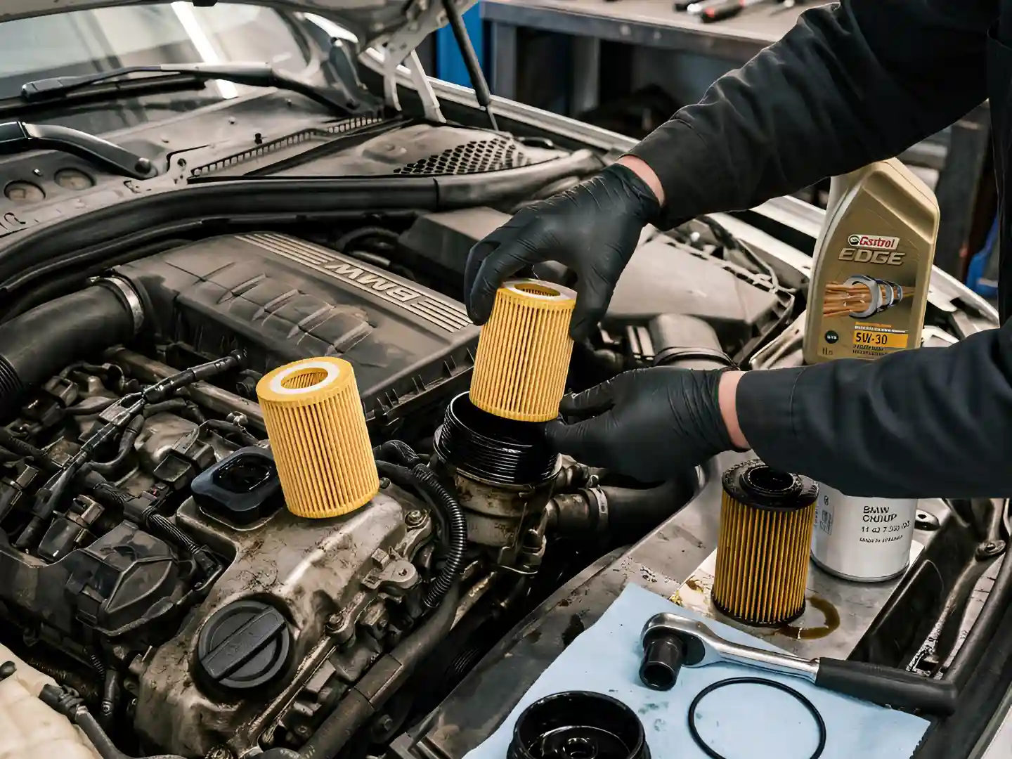 Technician fitting a new oil filter to a BMW engine