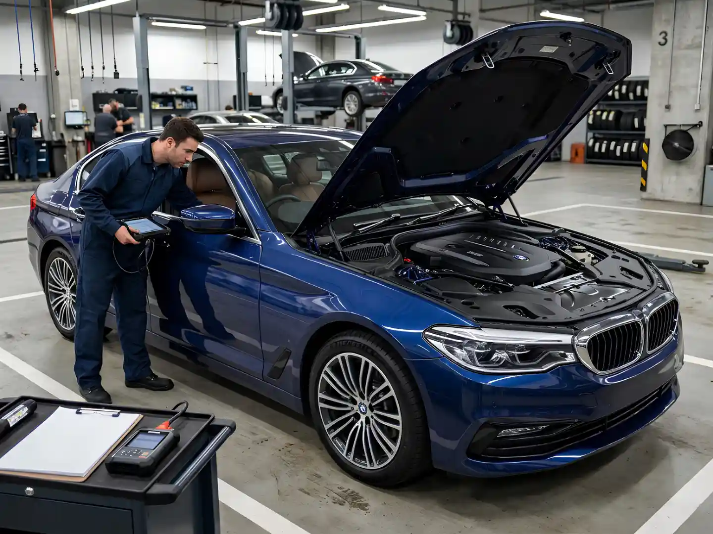 Technician examining the engine bay of a blue BMW before purchase