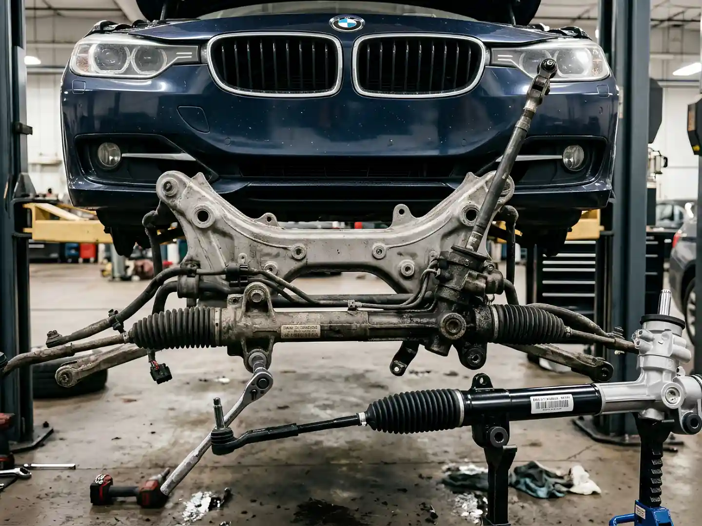 BMW front subframe and steering rack exposed on a lift