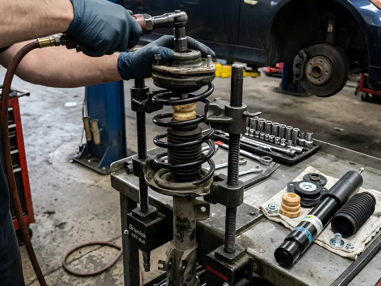 Technician compressing a coil spring on a BMW strut assembly