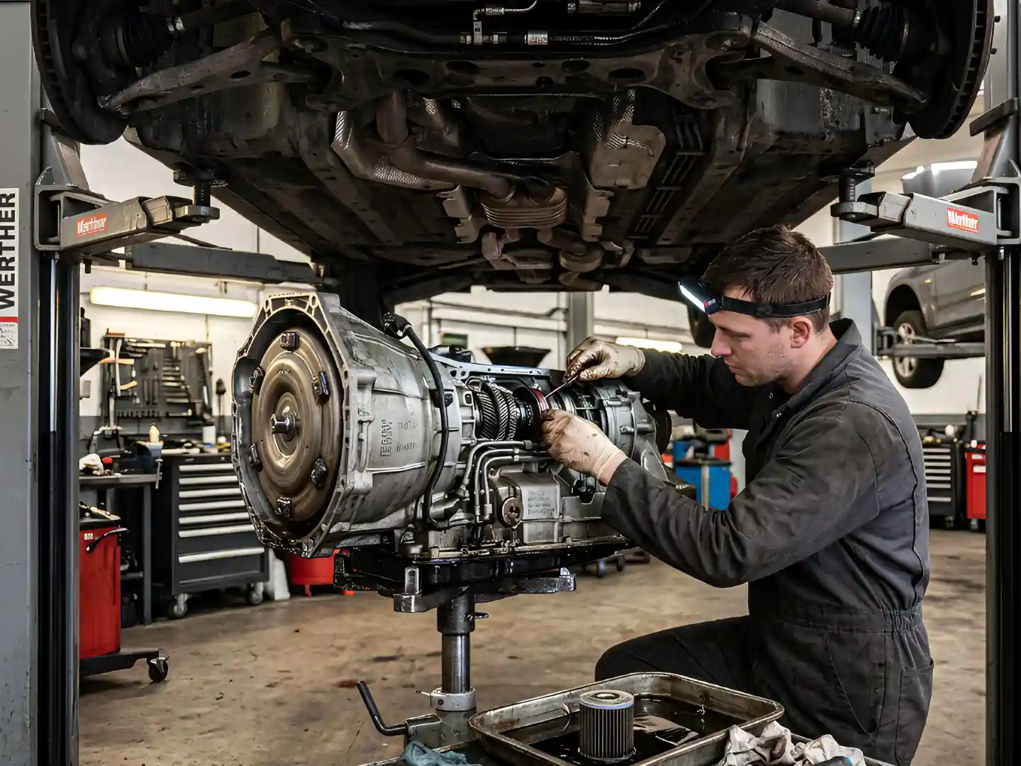 Technician inspecting a BMW automatic gearbox removed from the car on a workshop bench
