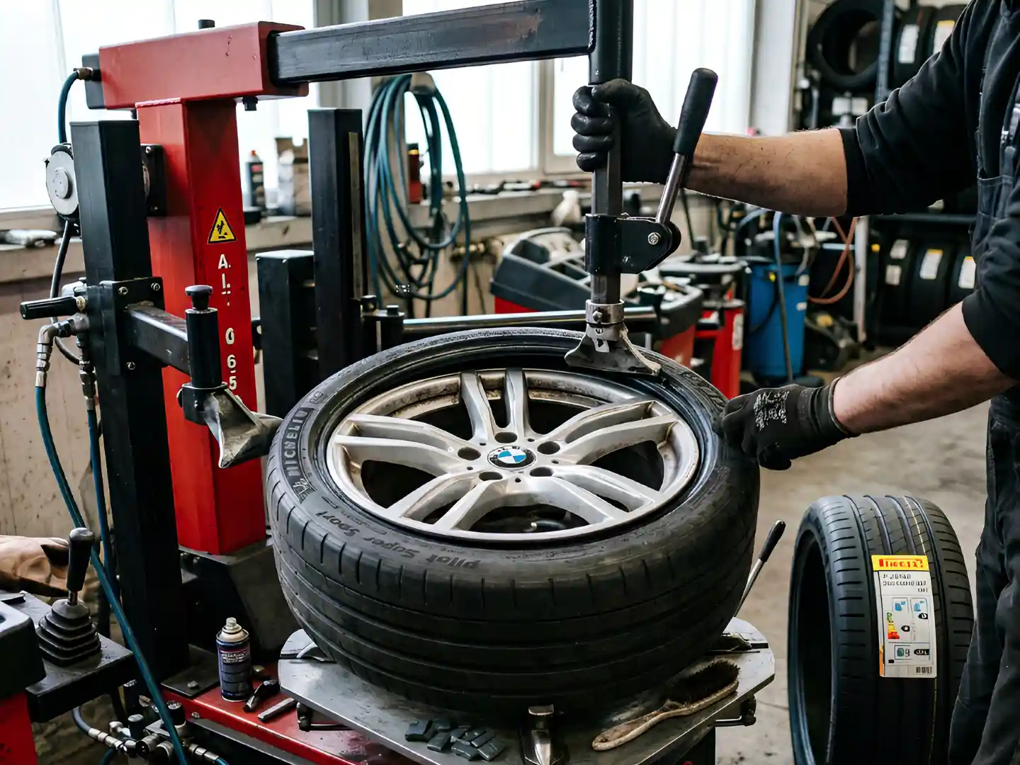 BMW alloy wheel on a tyre changing machine