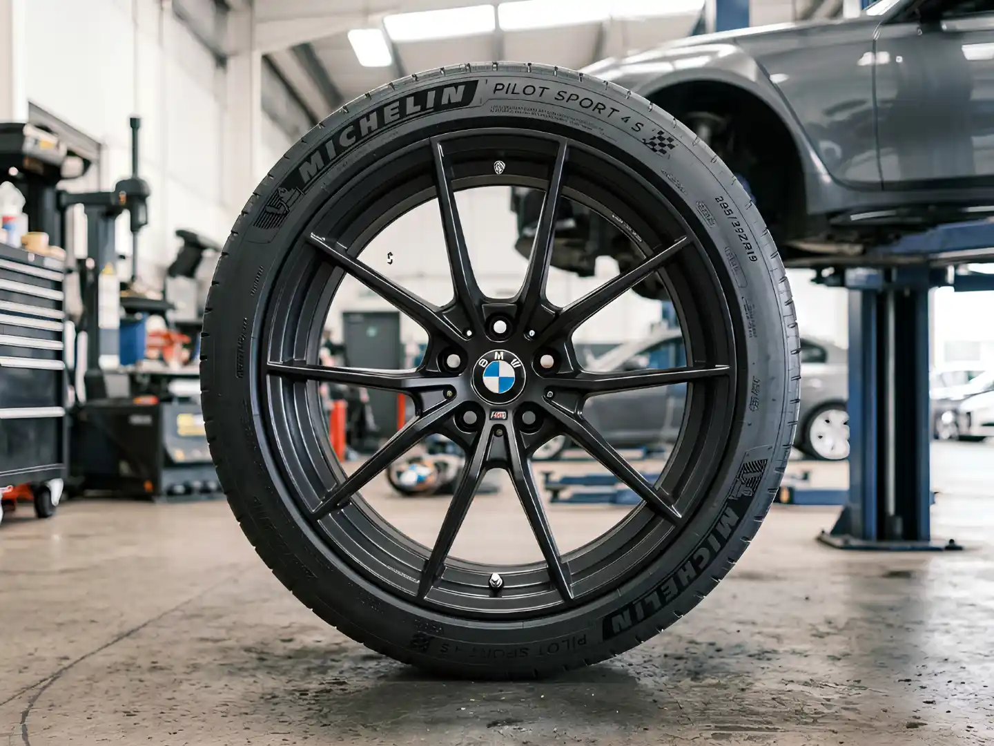New performance tyre on a BMW alloy wheel in a tyre workshop