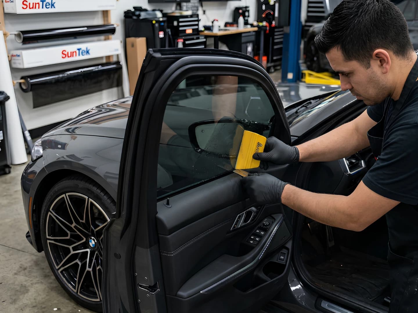 Technician squeegeeing tint film onto a BMW side window
