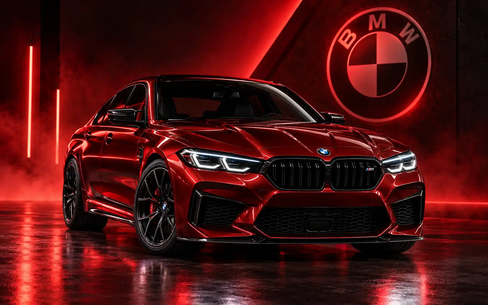 Red BMW M3 Competition lit by the BMW roundel inside a BMW repair and service workshop in Abu Dhabi