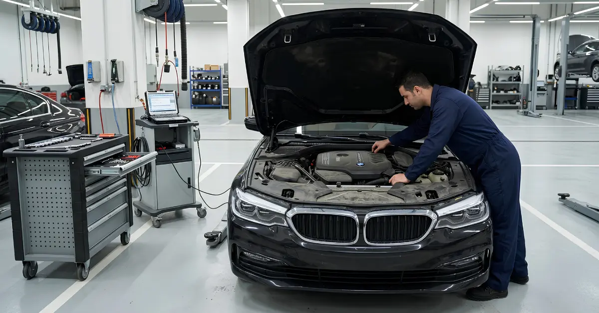 BMW technician running a diagnostic scan on a BMW 5 Series at a BMW workshop in Abu Dhabi