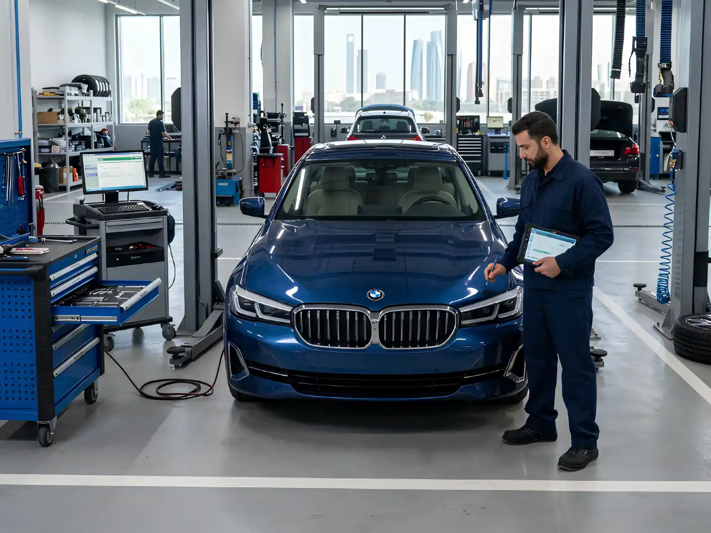 Certified BMW technician inspecting a blue BMW 5 Series inside a BMW service centre in Abu Dhabi