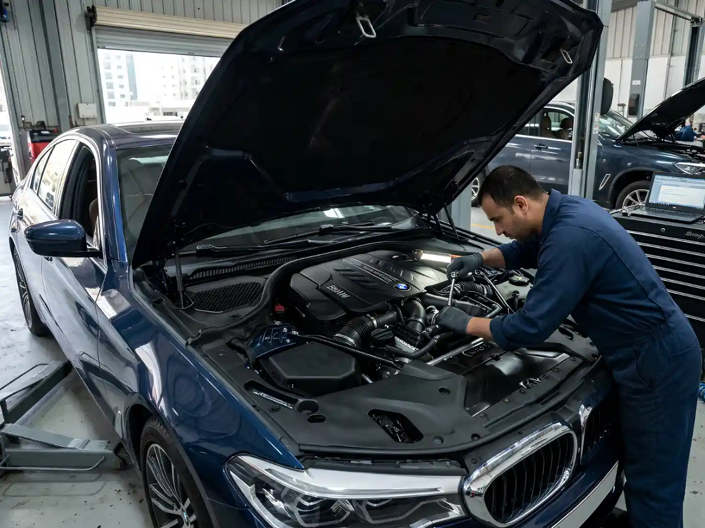 BMW mechanic carrying out engine bay repair work inside a BMW workshop in Abu Dhabi