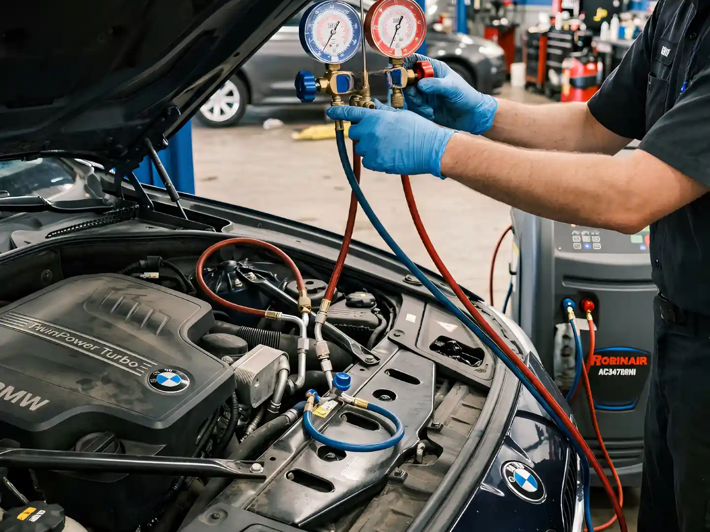 AC manifold gauges attached to a BMW for a refrigerant pressure test
