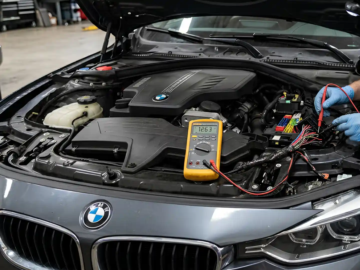 Multimeter probes on BMW engine bay electrics during a voltage check