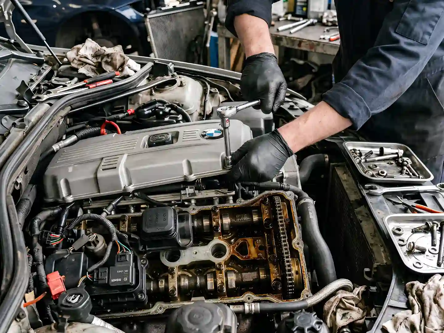 Close-up of a BMW engine with the valve cover off during timing chain and valve work