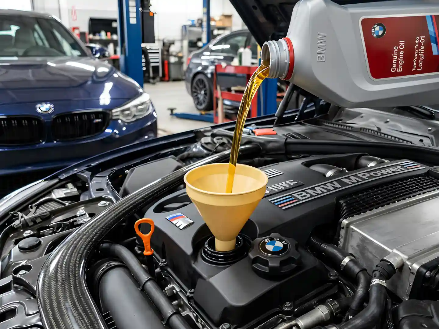 Fresh engine oil being poured through a funnel into a BMW engine